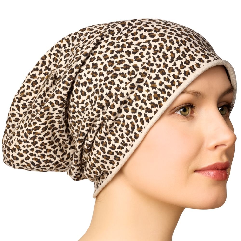 Czapka damska Beanie włoska cienka smerfetka jasnobeżowa w panterkę