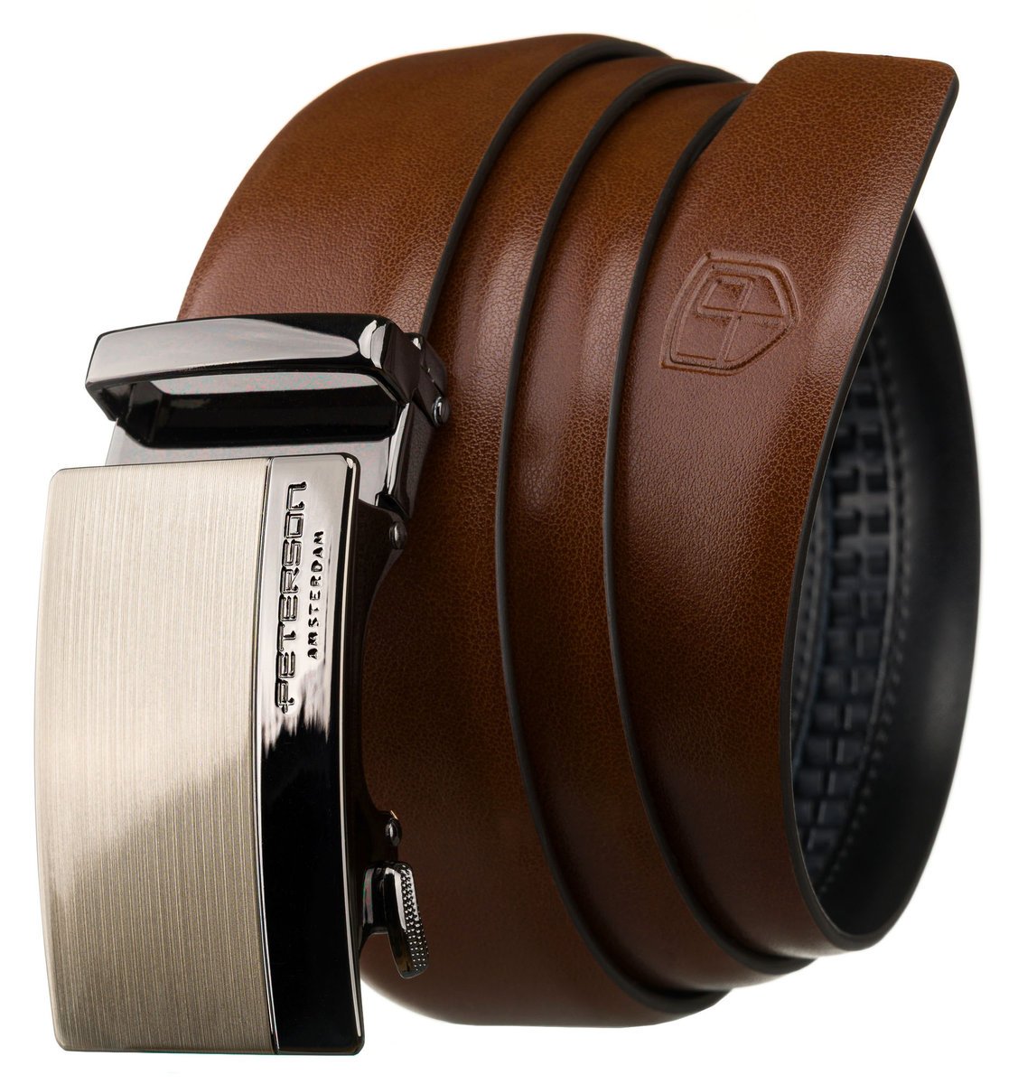 Brązowy pasek męski do spodni automatyczna srebrna klamra 125 elegancki PETERSON skóra naturalna casualowy do garnituru samodzielne skracanie