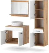 Szafki łazienkowe - Meble Łazienkowe Słupek Szafka Umywalka Z Lustrem 90cm Wotan Biały Połysk - miniaturka - grafika 1