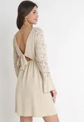 Sukienki - Beżowa Sukienka z Koronkowymi Rękawami i Gumką z Wiązaniem w Talii Vubatia - miniaturka - grafika 1
