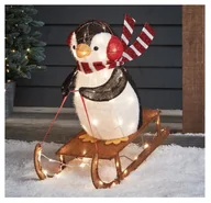 Ozdoby bożonarodzeniowe - Świąteczna figurka pingwin na sankach na zewnątrz/wewnątrz led biały święta - miniaturka - grafika 1