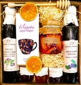 Zestawy upominkowe - KOSZ ZESTAW PREZENTOWY PREZENT HERBATA CYTRYNY MALINA KONFITURA MIÓD SYROP - miniaturka - grafika 1