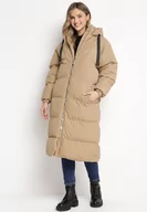 Kurtki damskie - Ciemnobeżowa Długa Kurtka Pikowana Płaszcz na Zamek z Kapturem Lesea - miniaturka - grafika 1