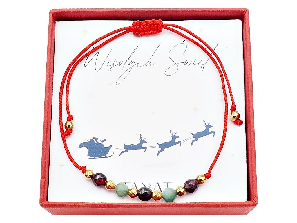 Sznurkowa bransoletka z kamień naturalny granat szmaragd Prezent Świąteczny