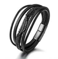 Bransolety męskie - Skórzana bransoletka męska rzemyki piórko czarny - miniaturka - grafika 1