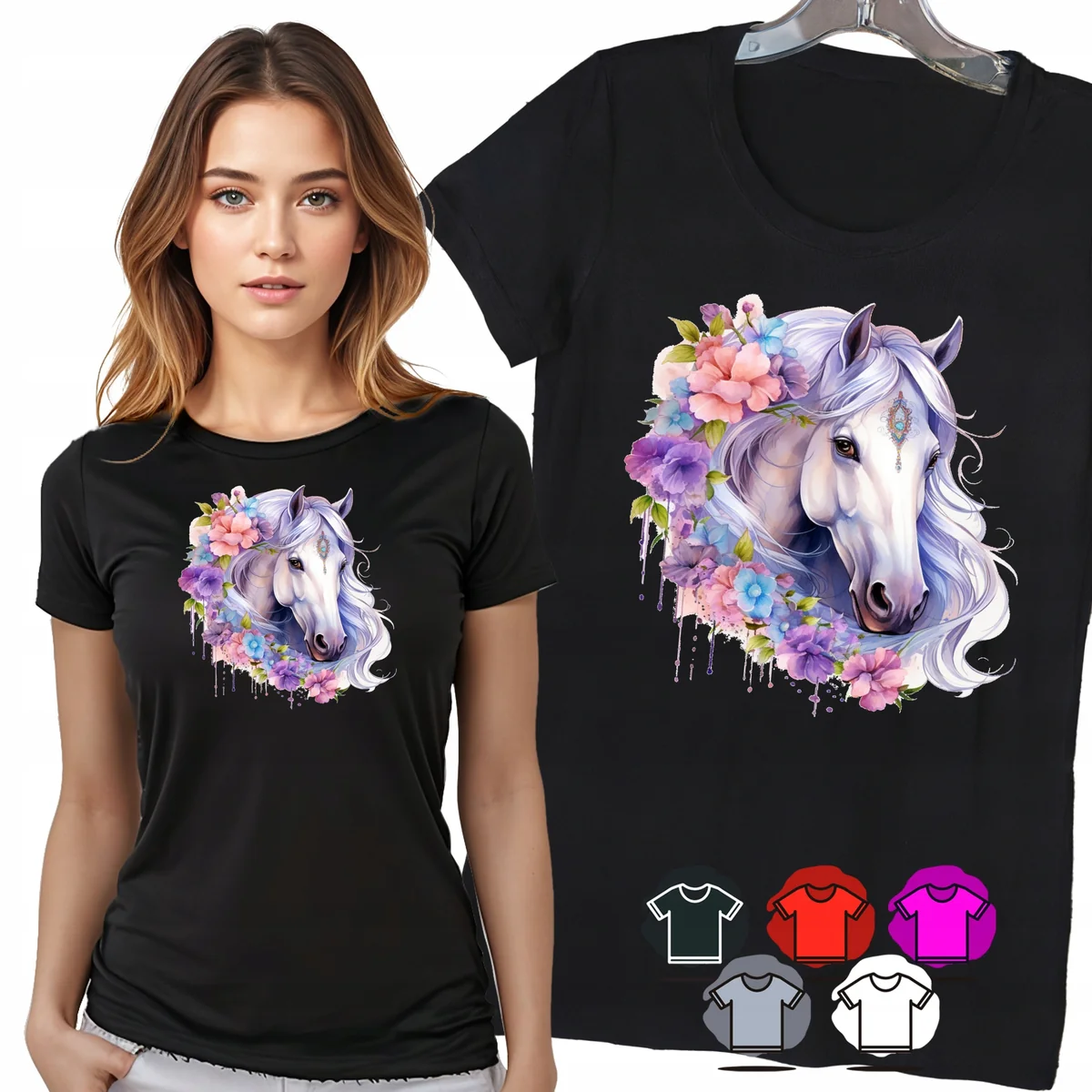 KOSZULKA DAMSKA T-SHIRT - KOŃ Z KWIATAMI FIOLETOWY PORTRET DLA NIEJ - 3XL