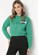 Bluzy damskie - Zielona Bluza o Krótkim Fasonie z Kapturem i Ściągaczami oraz Nadrukiem Varel - miniaturka - grafika 1