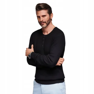 Prążkowany sweter męski z guzikami przy dekolcie czarny V2 OM-SWSW-0182 S - Swetry męskie - miniaturka - grafika 1