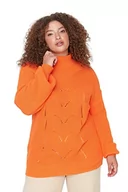 Bluzy damskie - Trendyol Damska bluza z okrągłym dekoltem Ajouré Regular Plus Size, pomarańczowy, 3XL - miniaturka - grafika 1