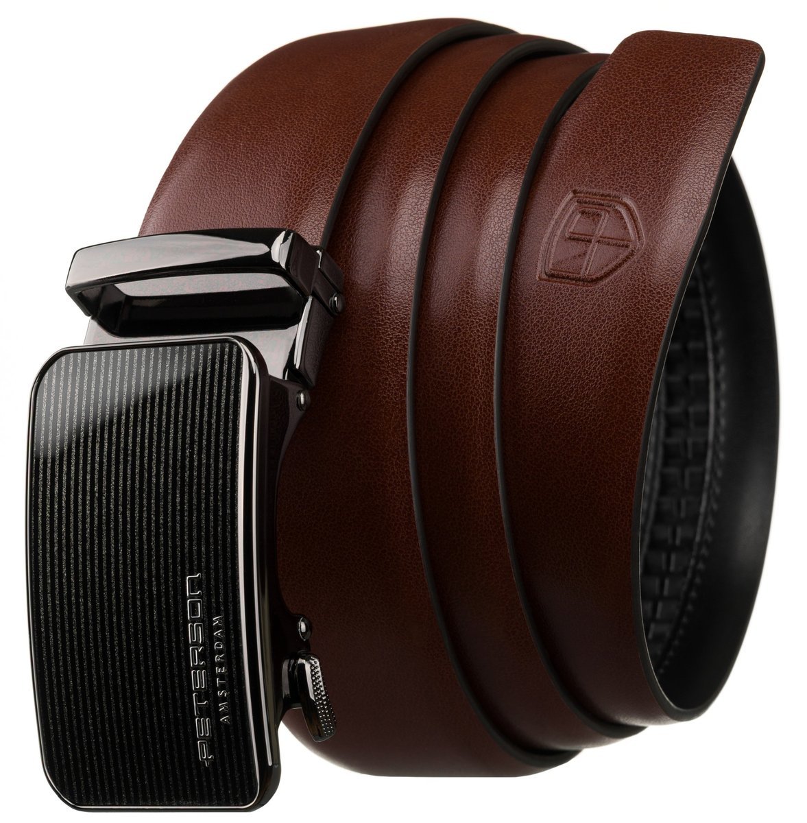 PETERSON Brązowy pasek męski z automatyczną klamrą elegancki do garnituru 125 casualowy skóra naturalna czarna klamra samodzielne skracanie