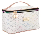 Kosmetyczki, organizery i kuferki - PETERSON Pojemna i funkcjonalna kosmetyczka damska białą na suwak organizer podróżny kuferek uchwyt do przenoszenia przegródki na pędzle kosmetyki e.. - miniaturka - grafika 1