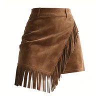 Spódnice - TEMU Elegancka Krótka Spódnica Damska z Frędzlami/Szkieletem - Krótki Krój, Falowane Frędzle z Tyłu, Jednokolorowa Spódnica na Wszystkie Pory Roku na - miniaturka - grafika 1