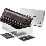 Portfele - Portfel skórzany damski Rovicky na zatrzask pojemna portmonetka na gotówkę i karty z ochroną RFID, brązowy - miniaturka - grafika 1