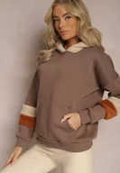 Bluzy damskie - Brązowa Bawełniana Bluza z Kapturem i Wstawkami z Polaru Qilin - miniaturka - grafika 1