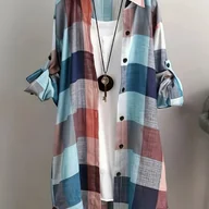 Koszule damskie - TEMU Klasyczna Damska Marynarka w Kratę – Wielokolorowa Bluzka z Długim Rękawem, Strukturalne Ramiona, Pranie Maszynowe, Regularny Fason na - miniaturka - grafika 1