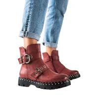 Botki damskie - Janessa Workery Z Dżetami czerwone - ButyModne - miniaturka - grafika 1