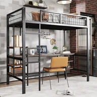 Łóżka dla dzieci i młodzieży - Łóżko piętrowe 90x200cm - ze stołem + półką - z czterostopniową drabinką - żelazo + płyta wiórowa - czarne (bez materaca) - miniaturka - grafika 1