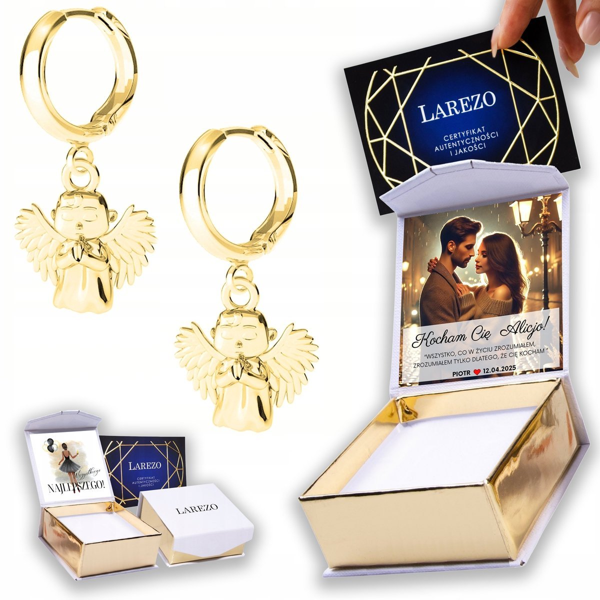 Złote Kolczyki 925 z Aniołkami Anioły Aniołki Stróże Angel NADRUK