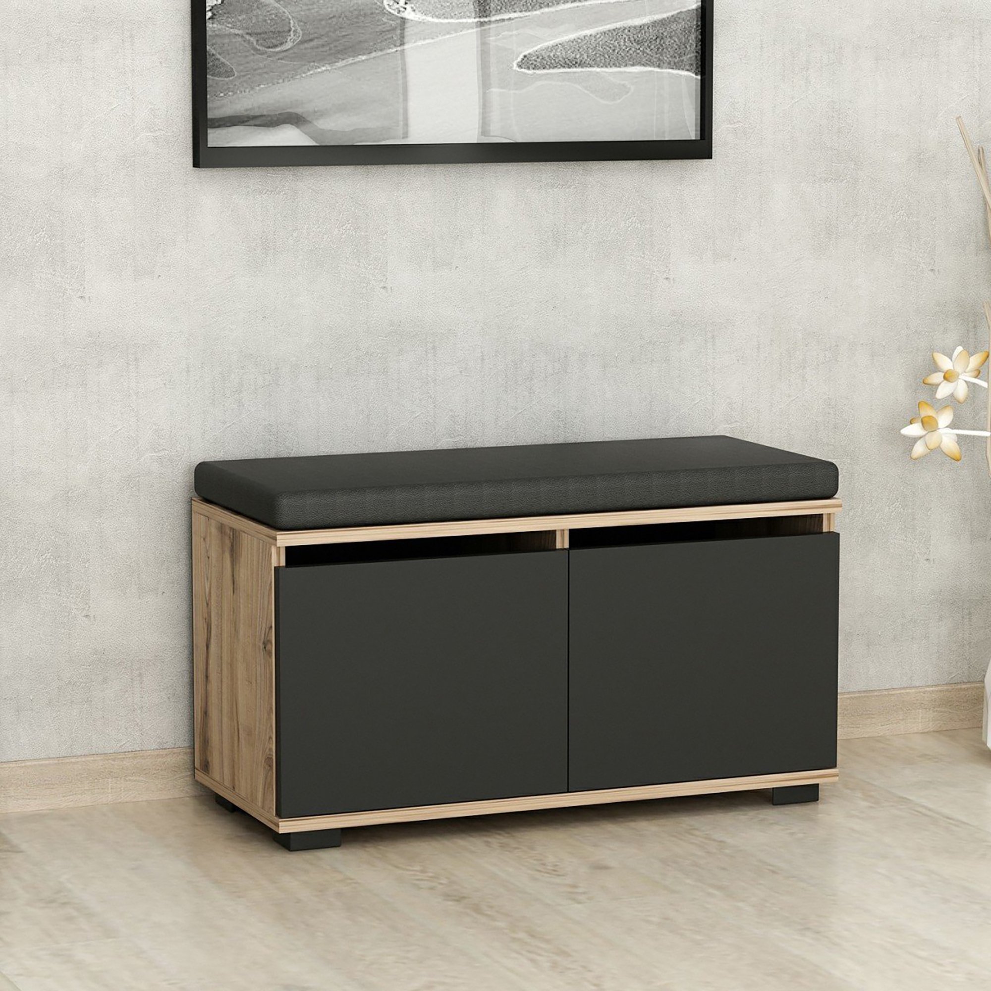 Ławka na buty Brande z 4 schowkami Ławka z siedziskiem 42 x 80 x 35 cm Szafka na buty z poduszką na siedzisko dąb / czarny