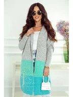 Swetry damskie - DŁUGI SWETER KARDIGAN LINDA Z KAPTUREM POLSKI PRODUCENT J&K PREMIUM -  SZARY + TURKUS - miniaturka - grafika 1