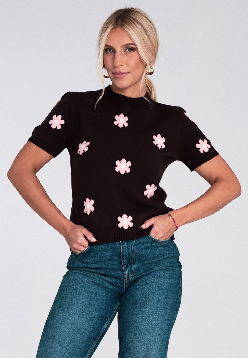 Damski sweter z krótkim rękawem w kwiaty Regular Fit z wiskozy - M1235, brązowy, S