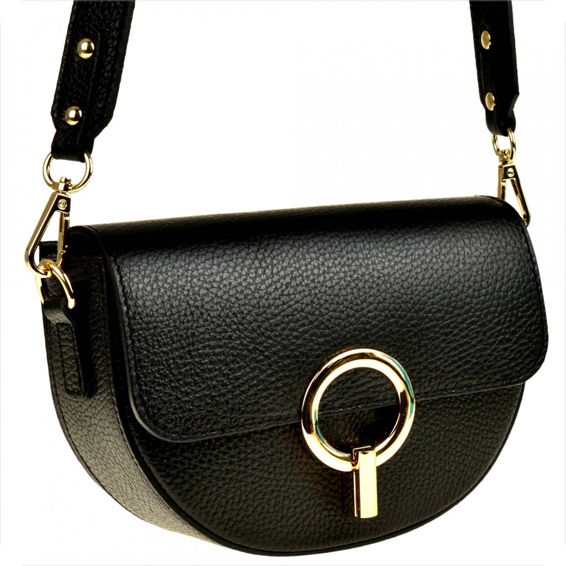 Włoska czarna torebka S listonoszka szeroki pasek skóra naturalna