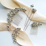 Ozdoby do włosów - Srebrny zestaw ozdób do fryzury ŚLUBNEJ eleganckie upięcie glamour kryształ - miniaturka - grafika 1