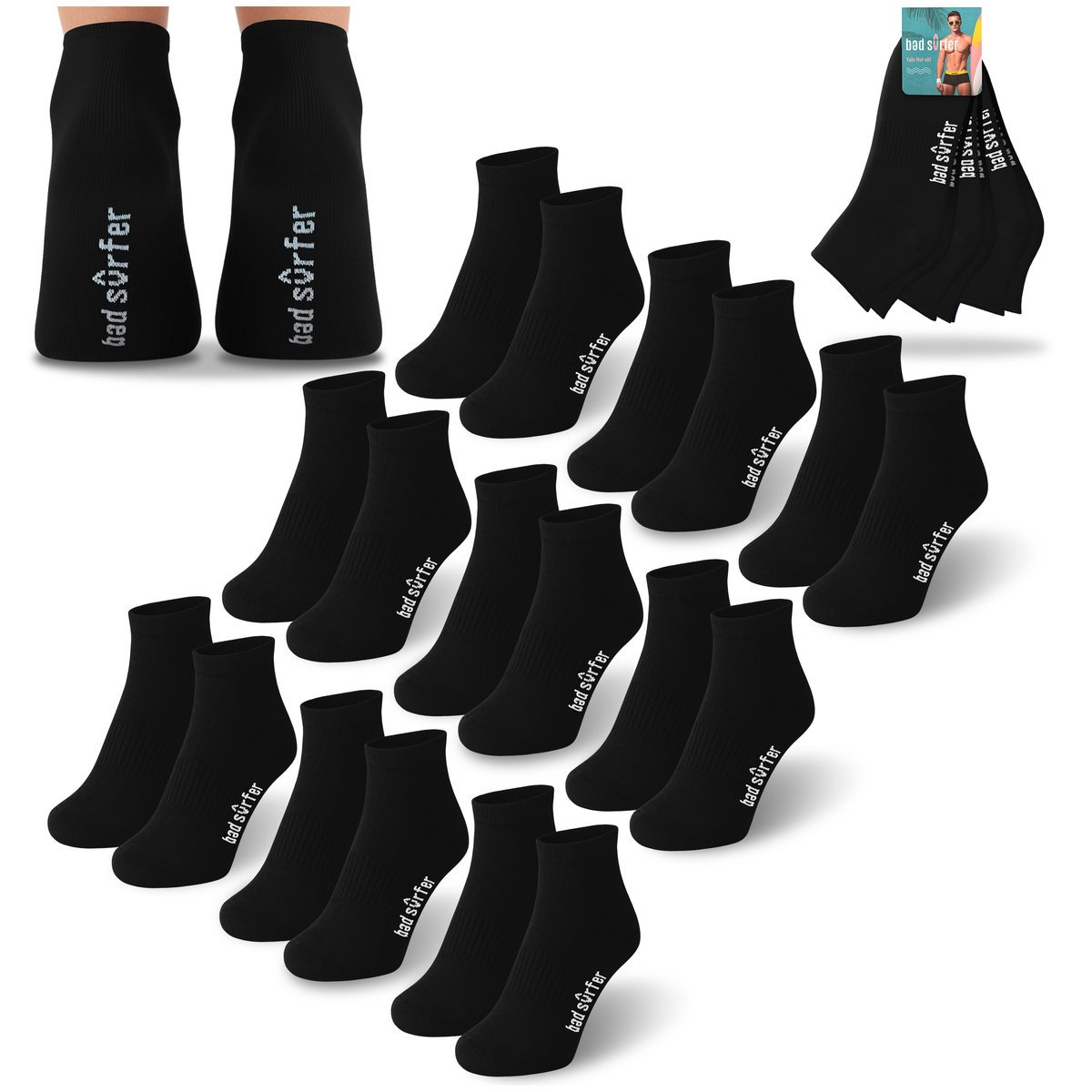BAD SURFER Skarpety Męskie Zakostki Bawełna Zestaw Czarne 9 par Rozmiar 43/46