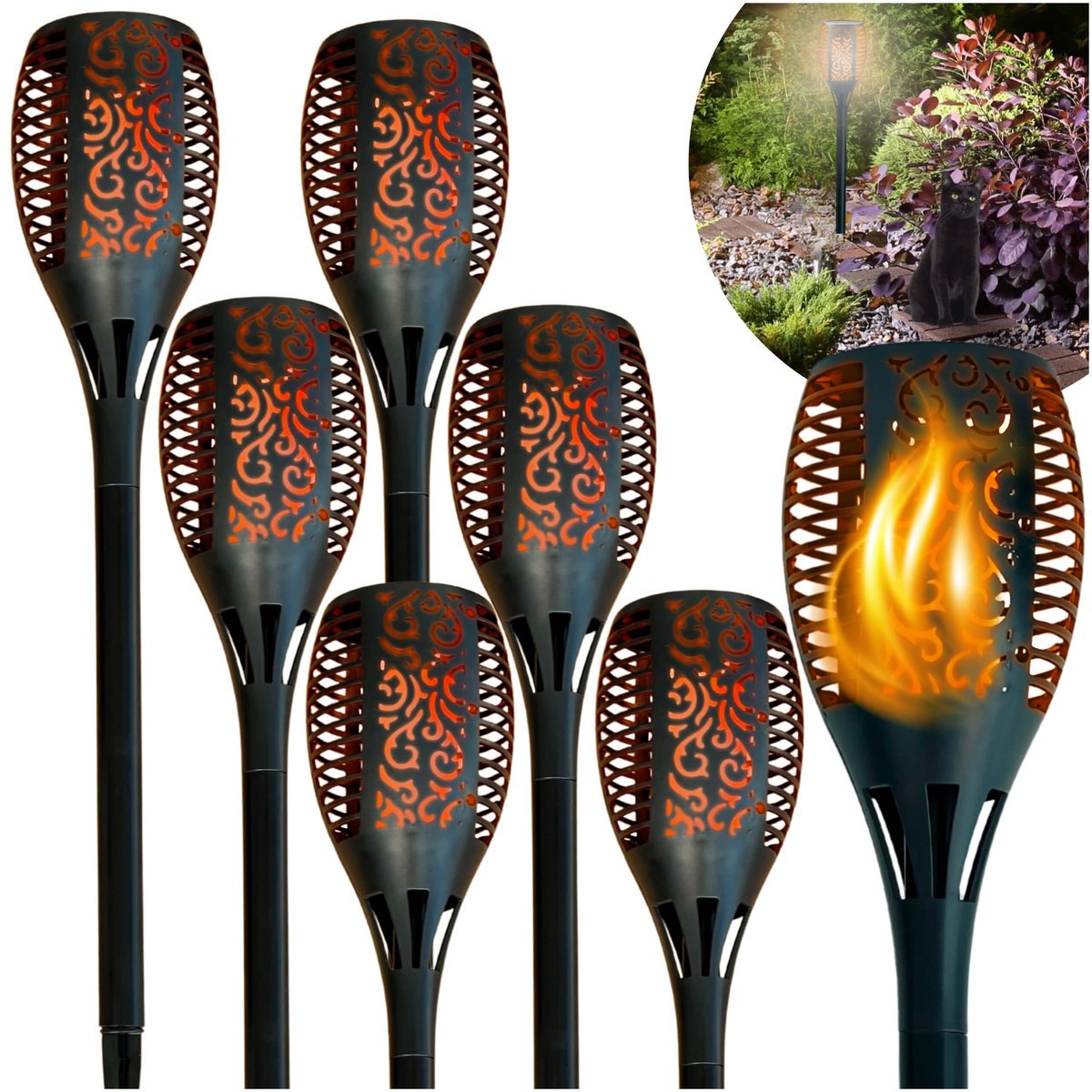 Zestaw 6x Lampa Solarna Pochodnia 33 LED, Ogrodowa Wbijana Latarnia Płomień BLIXTAR