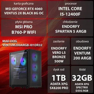 Komputer MAD DOG VENTUM200ARGB-I01DR32 i5-12400F 32GB RAM 1TB SSD GeForce RTX4060 DLSS 3 Wi-Fi - Zestawy komputerowe - miniaturka - grafika 1