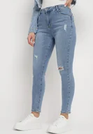 Spodnie damskie - Niebieskie Jeansy Skinny z Przetarciami i Dziurami Haria - miniaturka - grafika 1