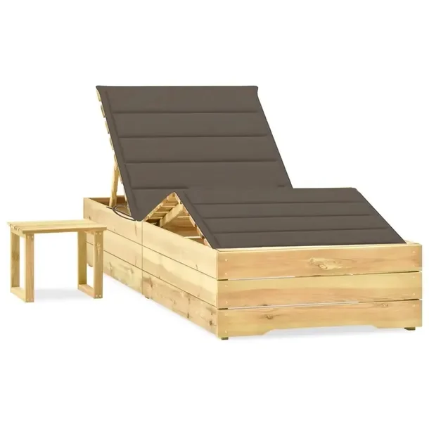Drewniany leżak z poduszką taupe i stolikiem 198x90x(30-75) cm, zielony