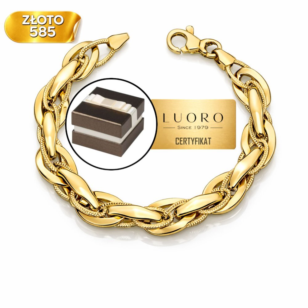 BRANSOLETKA ZŁOTA 585 14K SZEROKIE OGNIWA ŻÓŁTA 19,5 CM ELEGANCKA