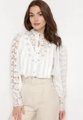 Koszule damskie - Biała Koszula z Ażurowymi Wstawkami z Cyrkoniami i Perełkami Taia - miniaturka - grafika 1