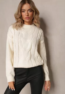 Swetry damskie - Jasnobeżowy Klasyczny Sweter z Dzianiny Ozdobionej Warkoczowym Wzorem Sellema - grafika 1