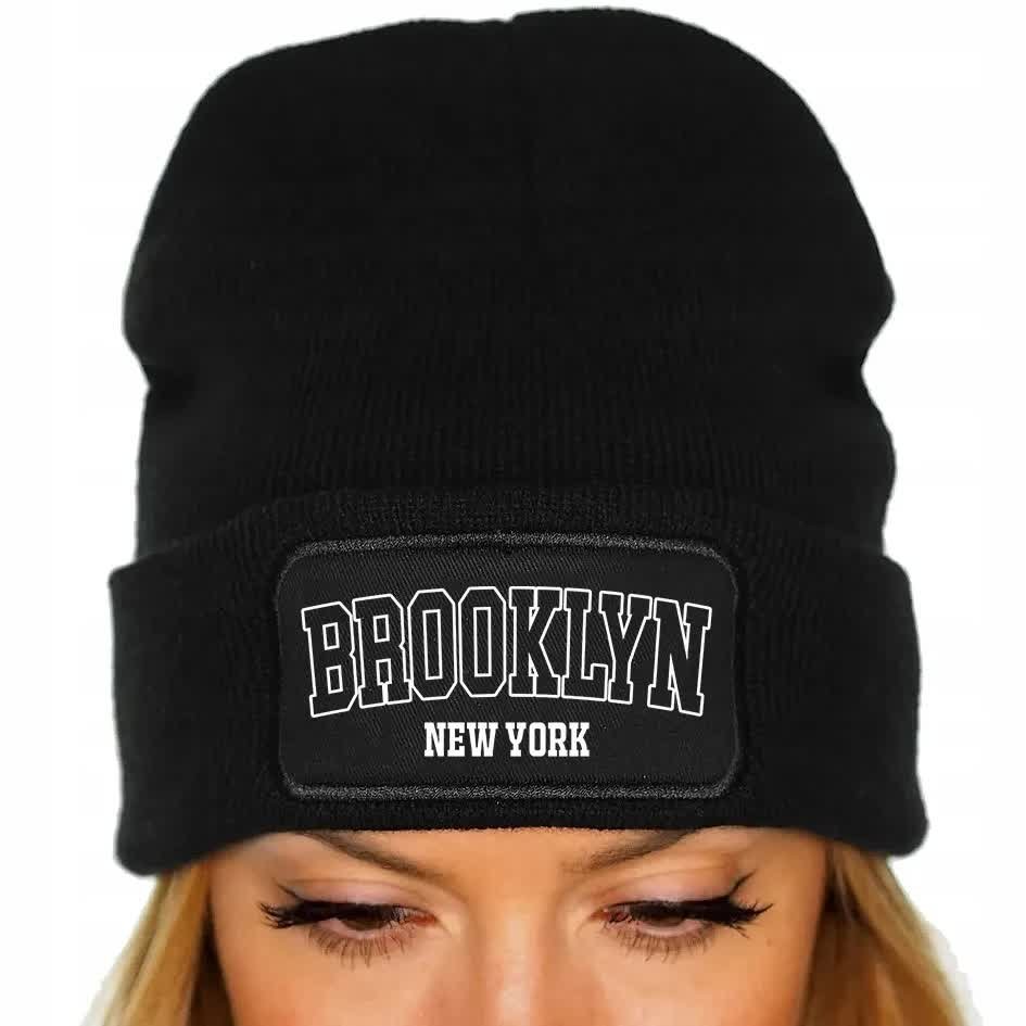 CZAPKA Jesienna BAWEŁNIANA ZIMOWA Ciepła CZARNA BROOKLYN New York USA Wzory