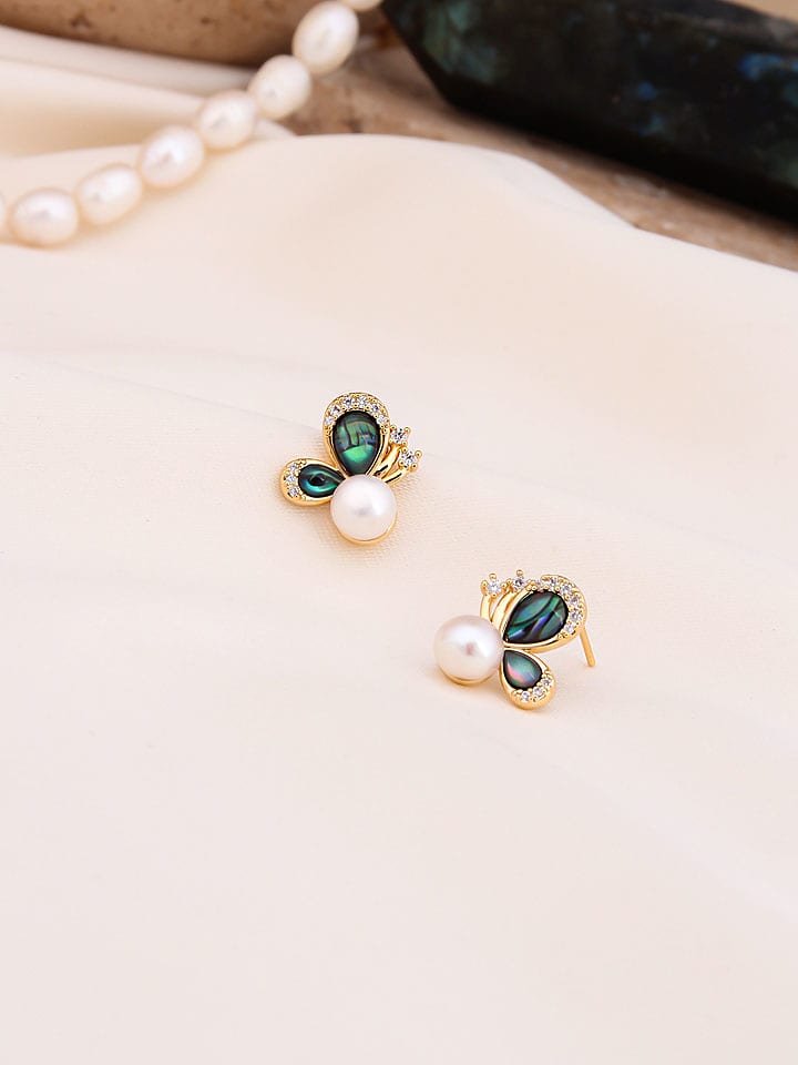 Pierres de Jade Pozłacane kolczyki-wkrętki z perłami i kamieniami szlachetnymi