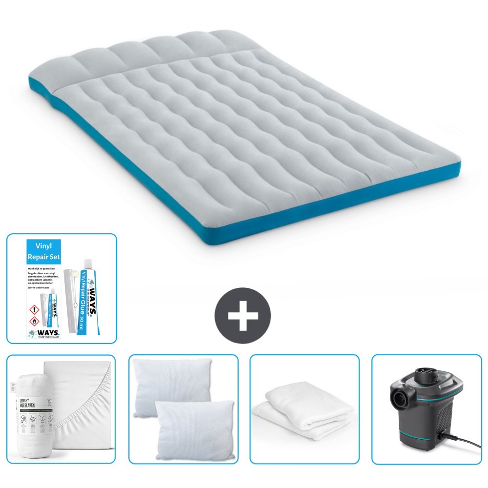 Mata kempingowa Intex - 2 osoby - 127 x 193 x 24 cm - niebieska - w zestawie prześcieradło - buziak - pompka - zestaw naprawczy en ochraniacz na poduszkę