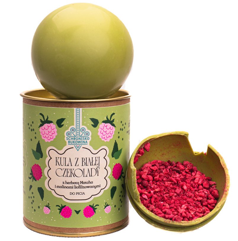 Kula z białej czekolady z herbatą Matcha i malinami liofilizowanymi 45g - Schronisko Bukowina