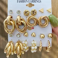 Kolczyki - TEMU Zestaw 22 damskich kolczyków o vintage i modnym stylu w luksusowych, złotych odcieniach, z łatwymi do montażu sztucznymi perłami, cyrkoniami i - miniaturka - grafika 1