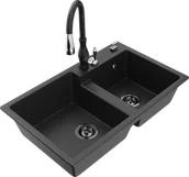 Zlewozmywaki z baterią - Mexen Tomas zlewozmywak granitowy 2-komorowy z baterią kuchenną Savita, czarny/srebrny metalik - 6516-73-672601-70-B - miniaturka - grafika 1