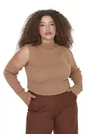 Body - Trendyol Damska Dopasowana Bodycon Crew Neck Dzianina Plus Size Bluzka Koszula, Brązowy, XL - miniaturka - grafika 1