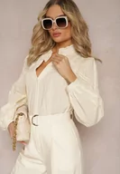 Koszule damskie - Jasnobeżowa Koszula z Bawełny z Kołnierzykiem z Falbanką i Ażurowym Zdobieniem Xanetha - miniaturka - grafika 1