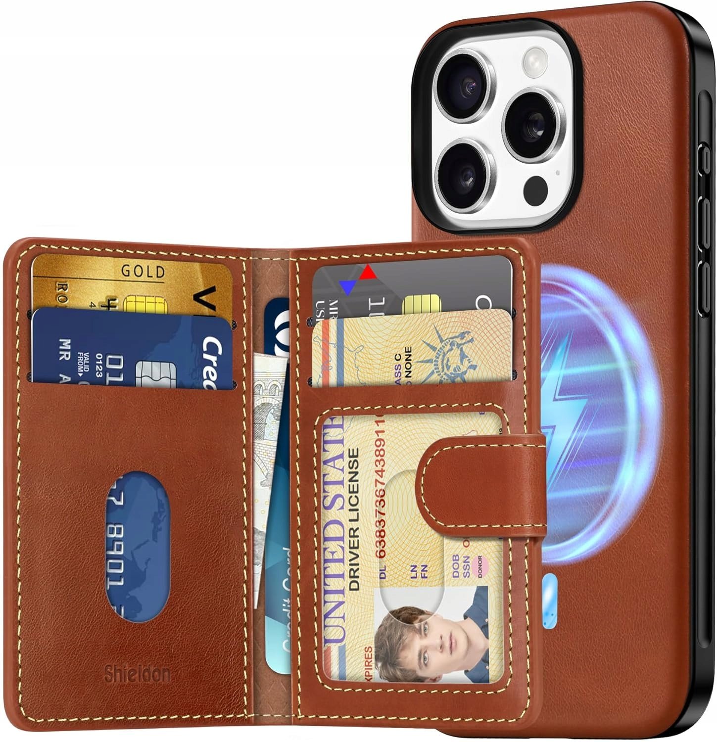 Shieldon naturalne etui skórzane MagSafe do iPhone 16 Pro Max portfel brąz