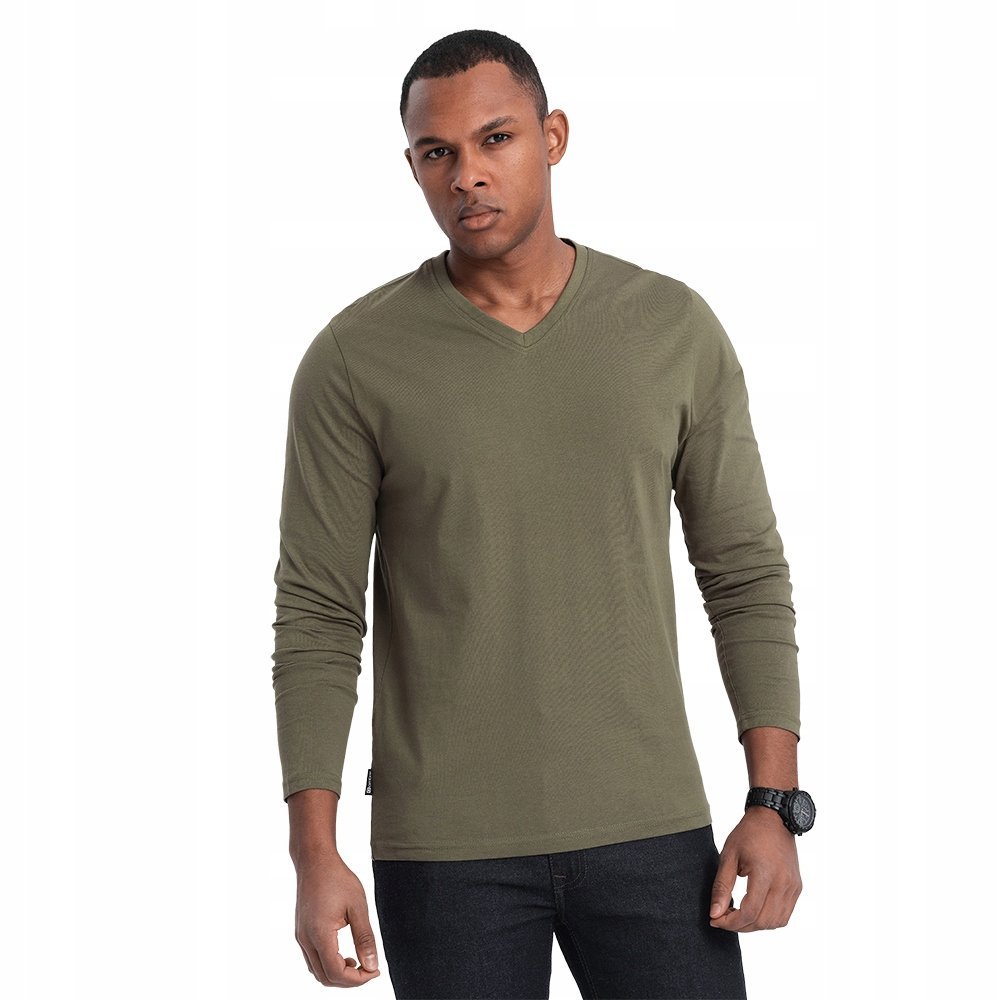 Longsleeve męski 100% bawełna ciemnooliwkowy serek V2 OM-LSBL-0108 r. S