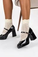 Czółenka - Czarne czółenka na klocku lakierowane damskie z paskiem na cholewce ozdoba Casu ER23WX13-BP-36 - miniaturka - grafika 1