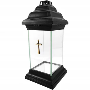 Znicz Kapliczka Szklany Prosty Czarny Lampion Ze Złotym Krzyżem 31Cm - Lampiony i znicze - miniaturka - grafika 1