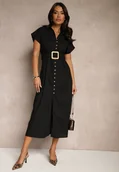 Sukienki - Czarna Koszulowa Sukienka z Bawełny na Krótki Rękaw z Materiałowym Paskiem Celirna - miniaturka - grafika 1