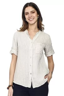 Bonateks Koszula damska 100% lniana Wyprodukowano we Włoszech Jasny beżowy/biały Rozmiar: L, Jasny beż/biały, L - Koszule damskie - miniaturka - grafika 1