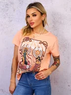 Koszulki i topy damskie - POMARAŃCZOWY DEKATYZOWANY T-SHIRT Z KOLOROWYM PRINTEM - Olika - miniaturka - grafika 1